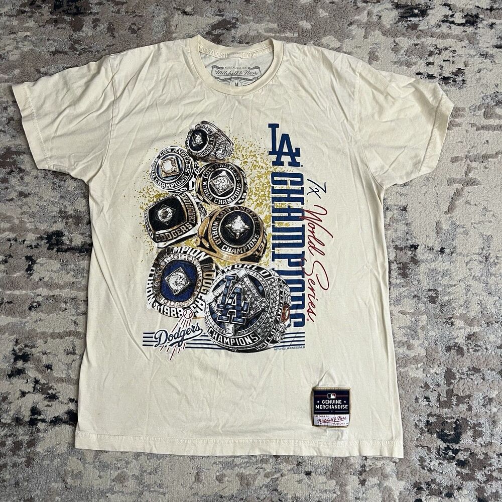 LA Dodgers Cream Mitchell & Ness World Series Championship Rings Shirt MLB Sz M